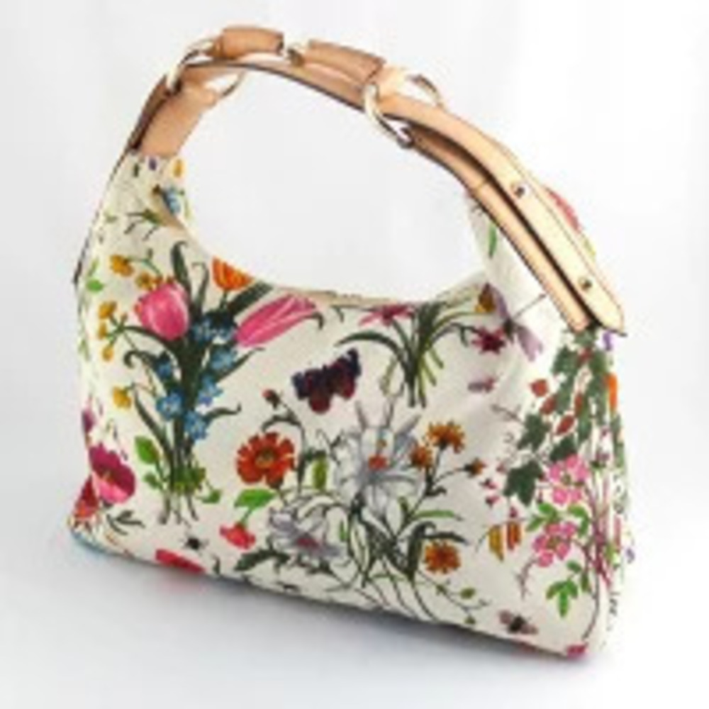 Gucci Flora Horsebit White Hobo Ivory Flower Bag Canvas